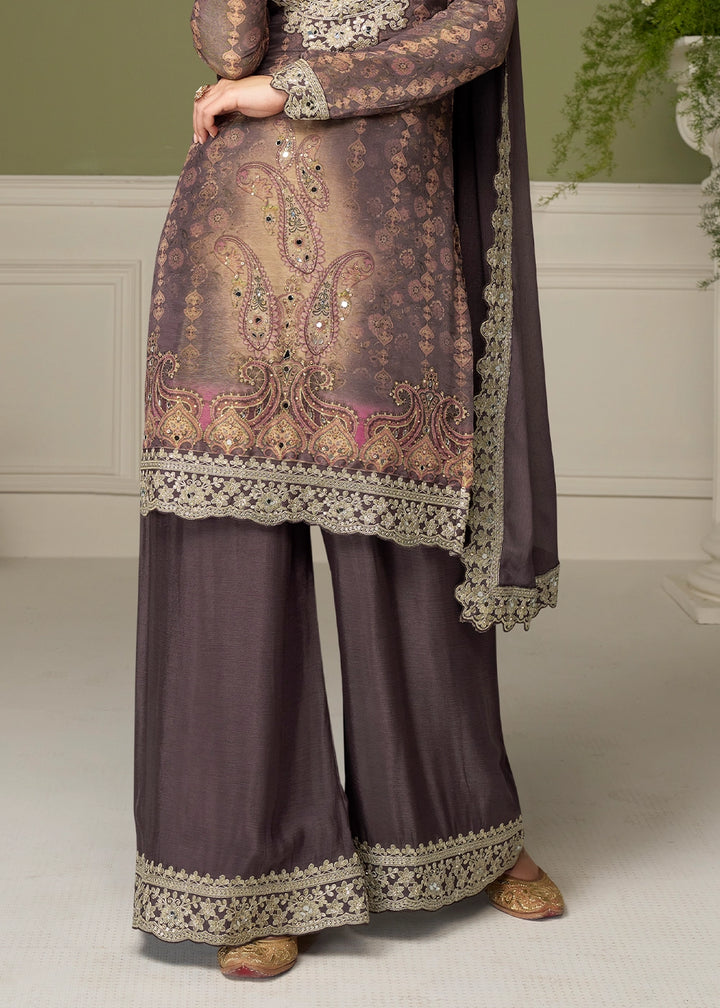 Chinese Purple Chinon Silk Printed Palazzo Suit with Embroidery