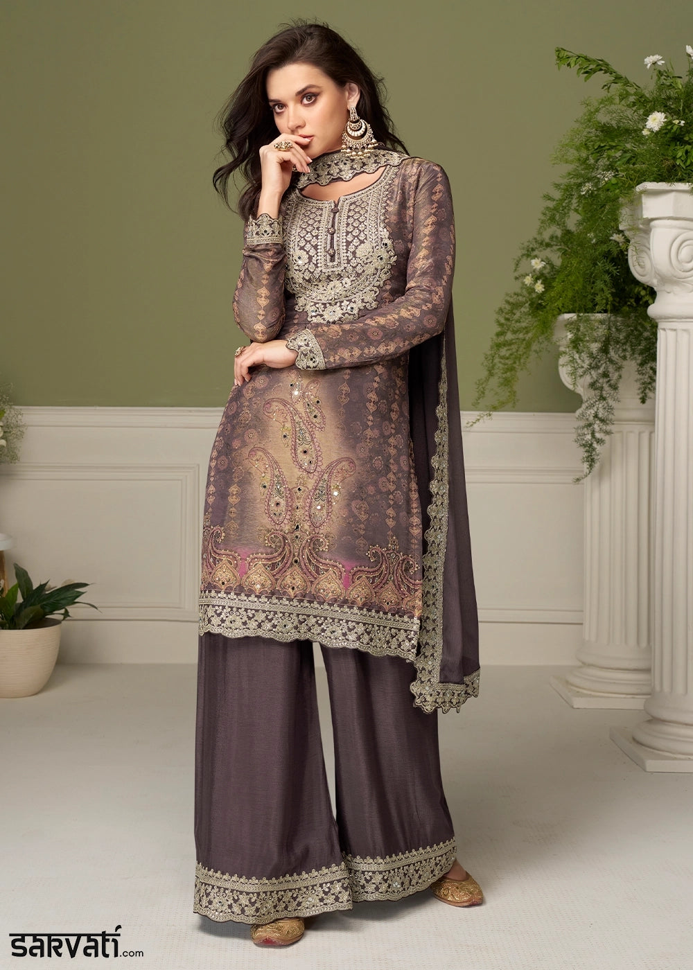 Chinese Purple Chinon Silk Printed Palazzo Suit with Embroidery
