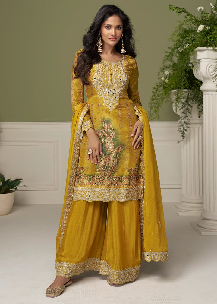 Mustard Yellow Chinon Silk Printed Palazzo Suit with Embroidery