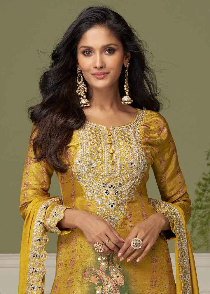 Mustard Yellow Chinon Silk Printed Palazzo Suit with Embroidery