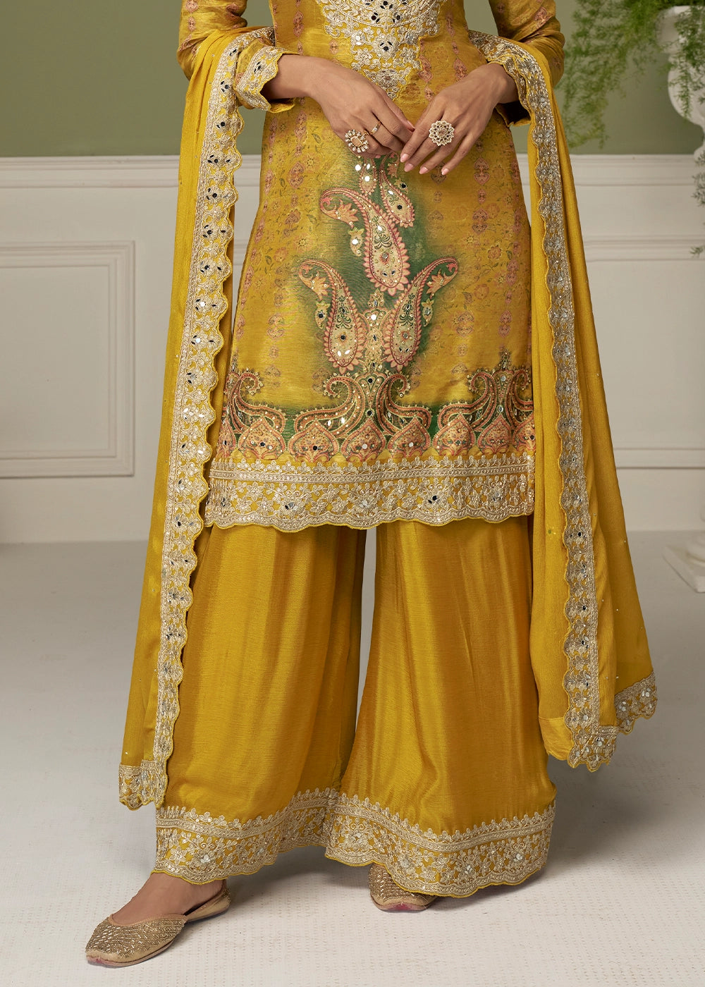 Mustard Yellow Chinon Silk Printed Palazzo Suit with Embroidery