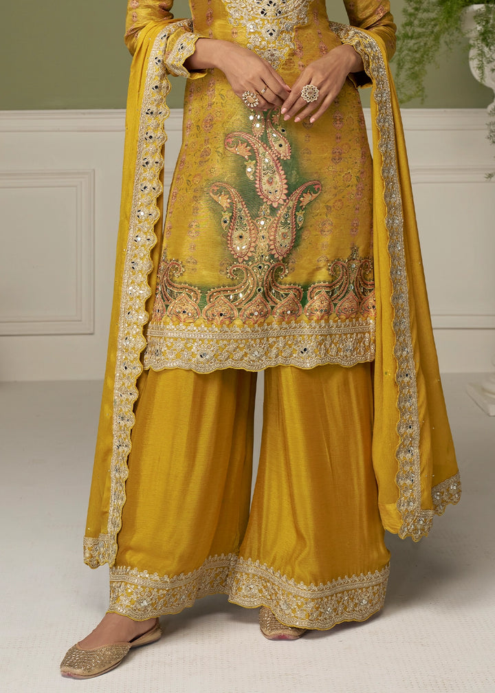 Mustard Yellow Chinon Silk Printed Palazzo Suit with Embroidery