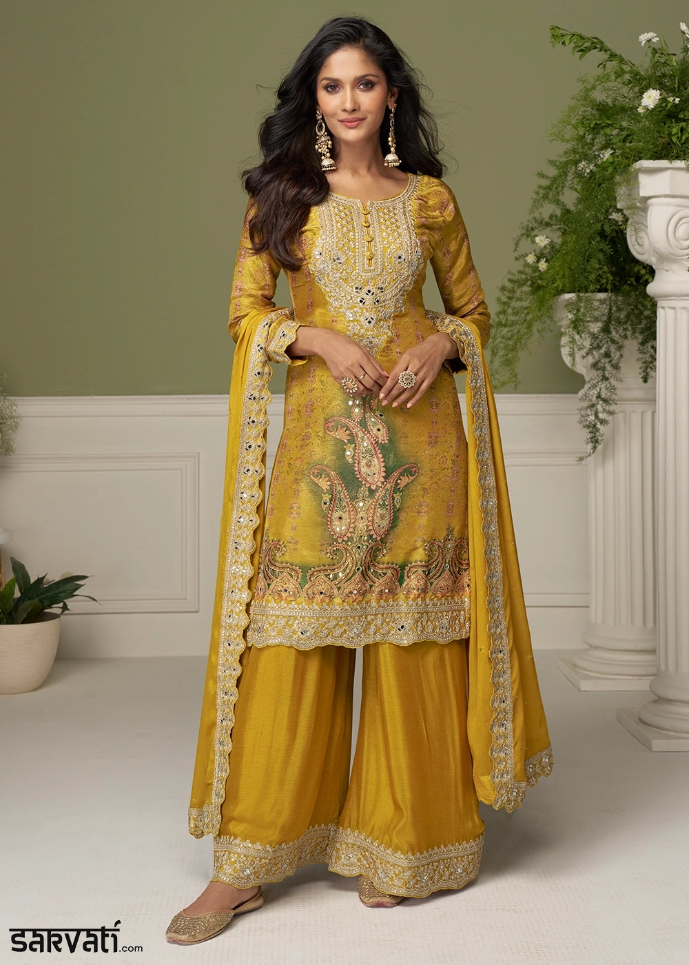Mustard Yellow Chinon Silk Printed Palazzo Suit with Embroidery