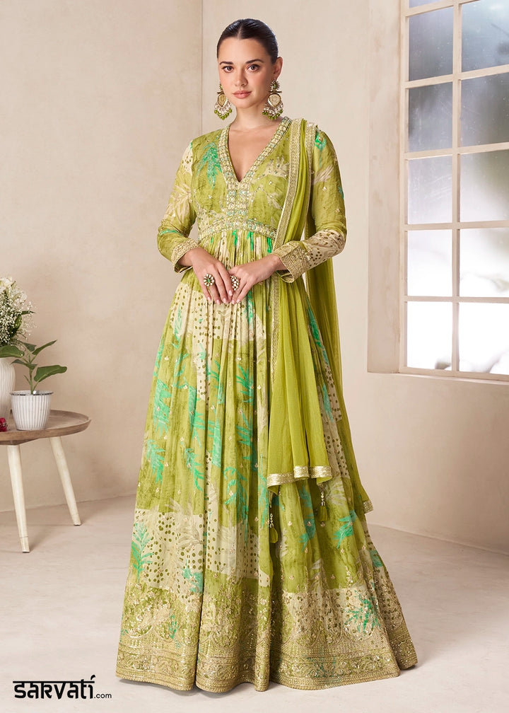 Pear Green Chinon Silk Printed Anarkali Gown with Embroidered Detailing