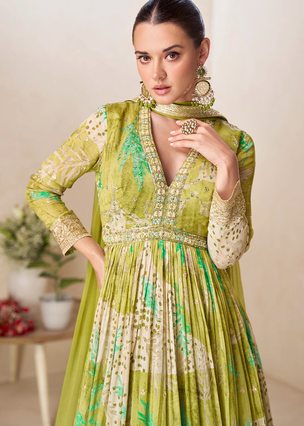 Pear Green Chinon Silk Printed Anarkali Gown with Embroidered Detailing