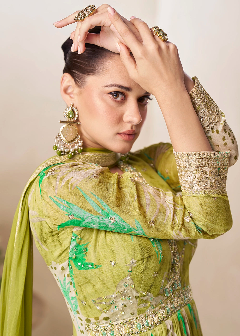 Pear Green Chinon Silk Printed Anarkali Gown with Embroidered Detailing