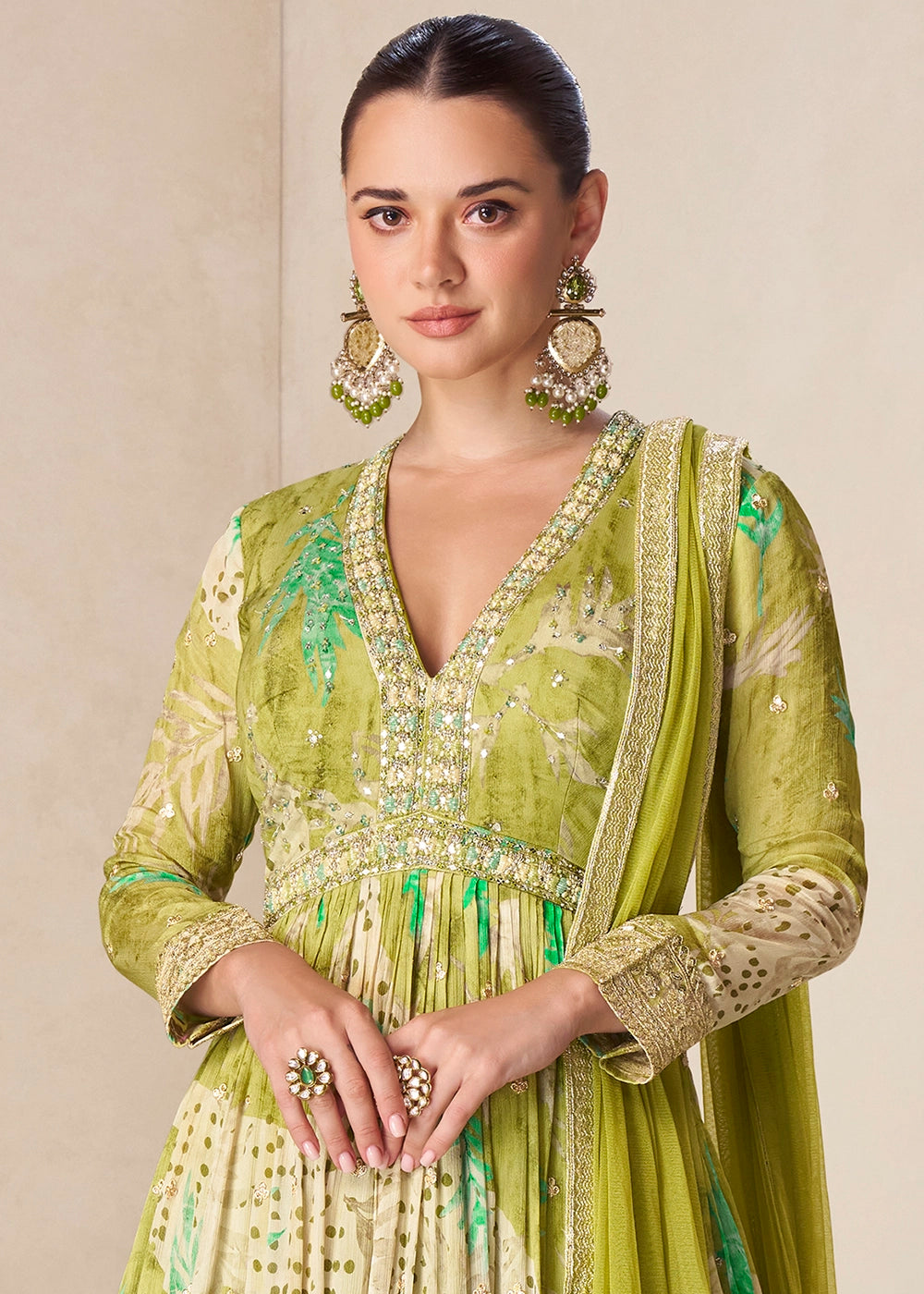 Pear Green Chinon Silk Printed Anarkali Gown with Embroidered Detailing