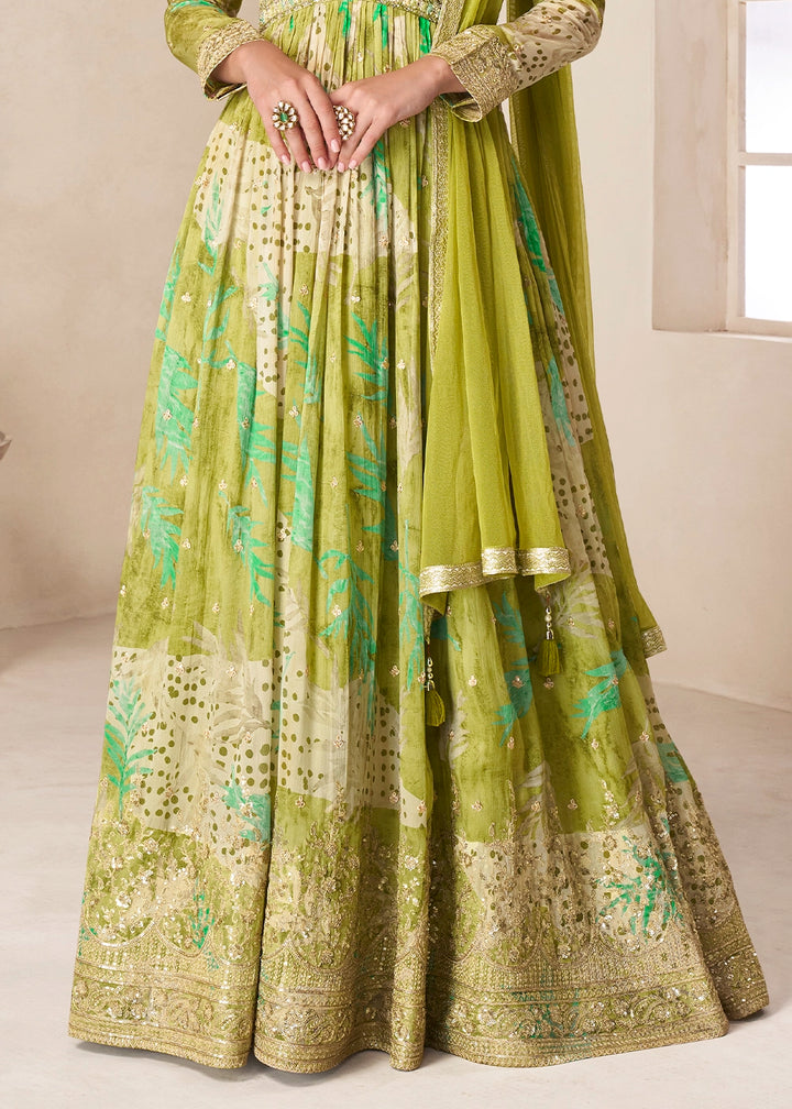Pear Green Chinon Silk Printed Anarkali Gown with Embroidered Detailing