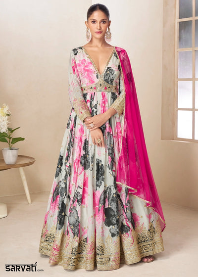 Dove Grey Chinon Silk Printed Anarkali Gown with Embroidered Detailing