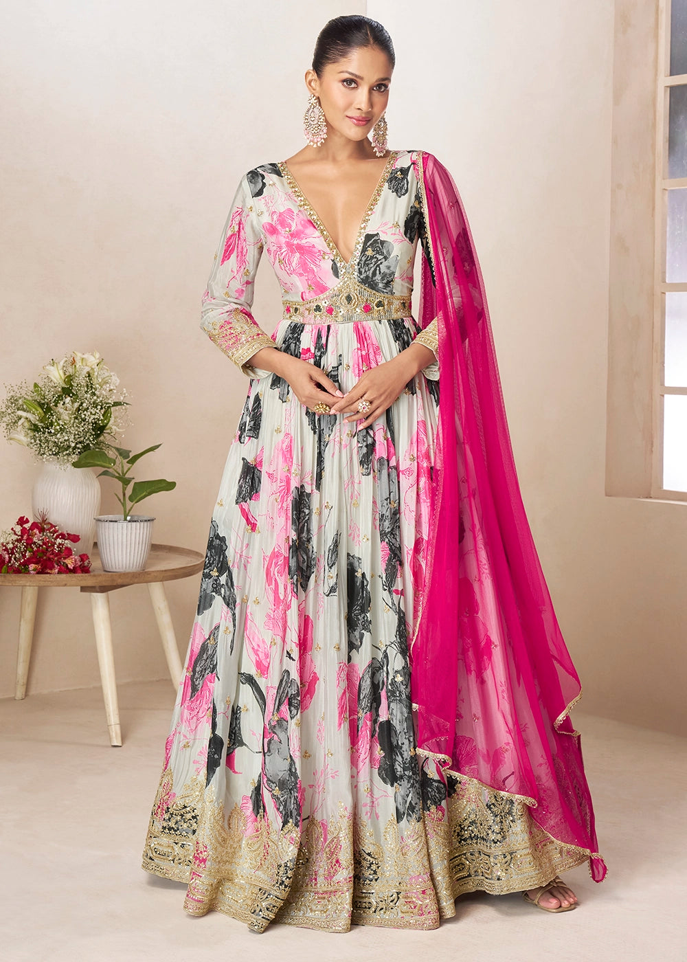 Dove Grey Chinon Silk Printed Anarkali Gown with Embroidered Detailing
