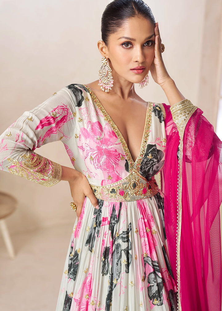 Dove Grey Chinon Silk Printed Anarkali Gown with Embroidered Detailing