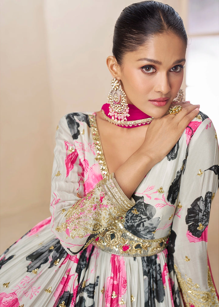 Dove Grey Chinon Silk Printed Anarkali Gown with Embroidered Detailing