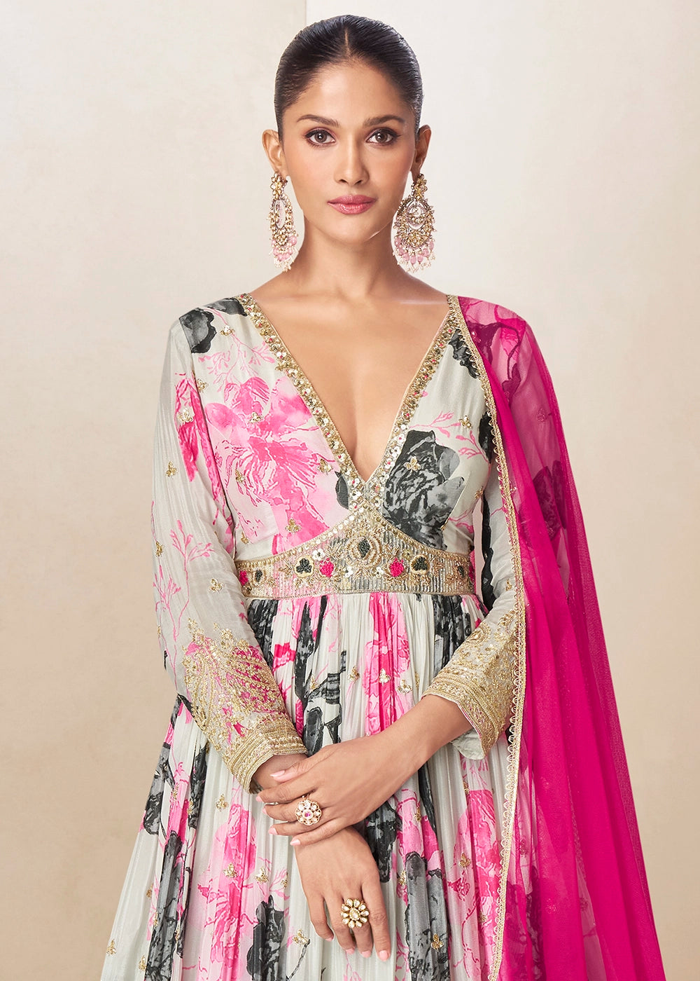 Dove Grey Chinon Silk Printed Anarkali Gown with Embroidered Detailing