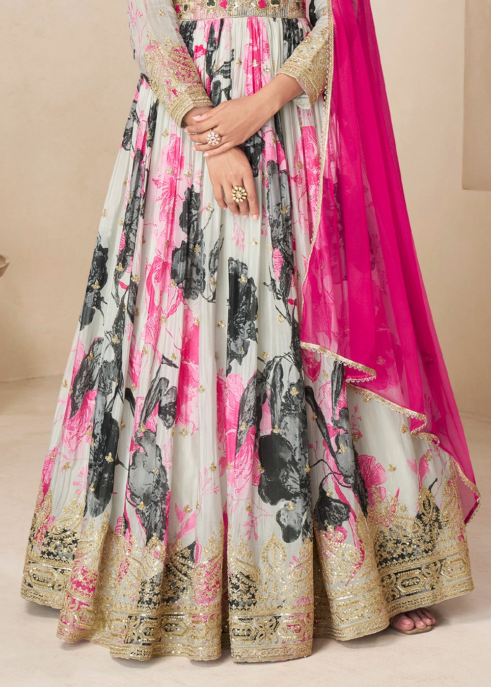 Dove Grey Chinon Silk Printed Anarkali Gown with Embroidered Detailing