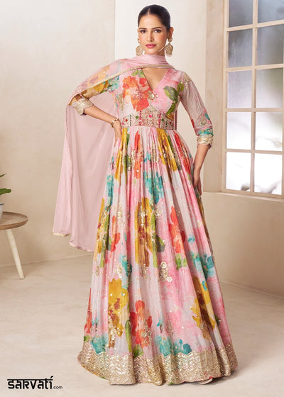 Baby Pink Chinon Silk Printed Anarkali Gown with Embroidered Detailing