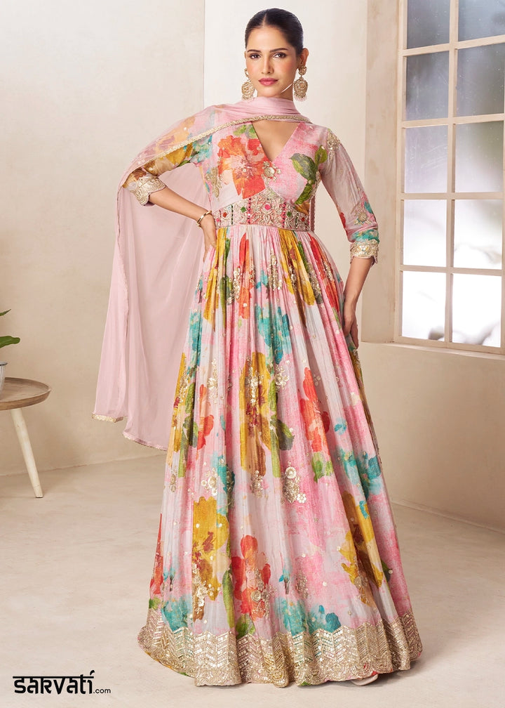 Baby Pink Chinon Silk Printed Anarkali Gown with Embroidered Detailing