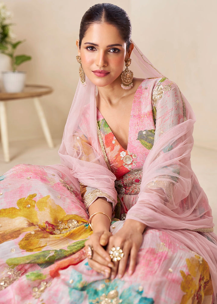 Baby Pink Chinon Silk Printed Anarkali Gown with Embroidered Detailing