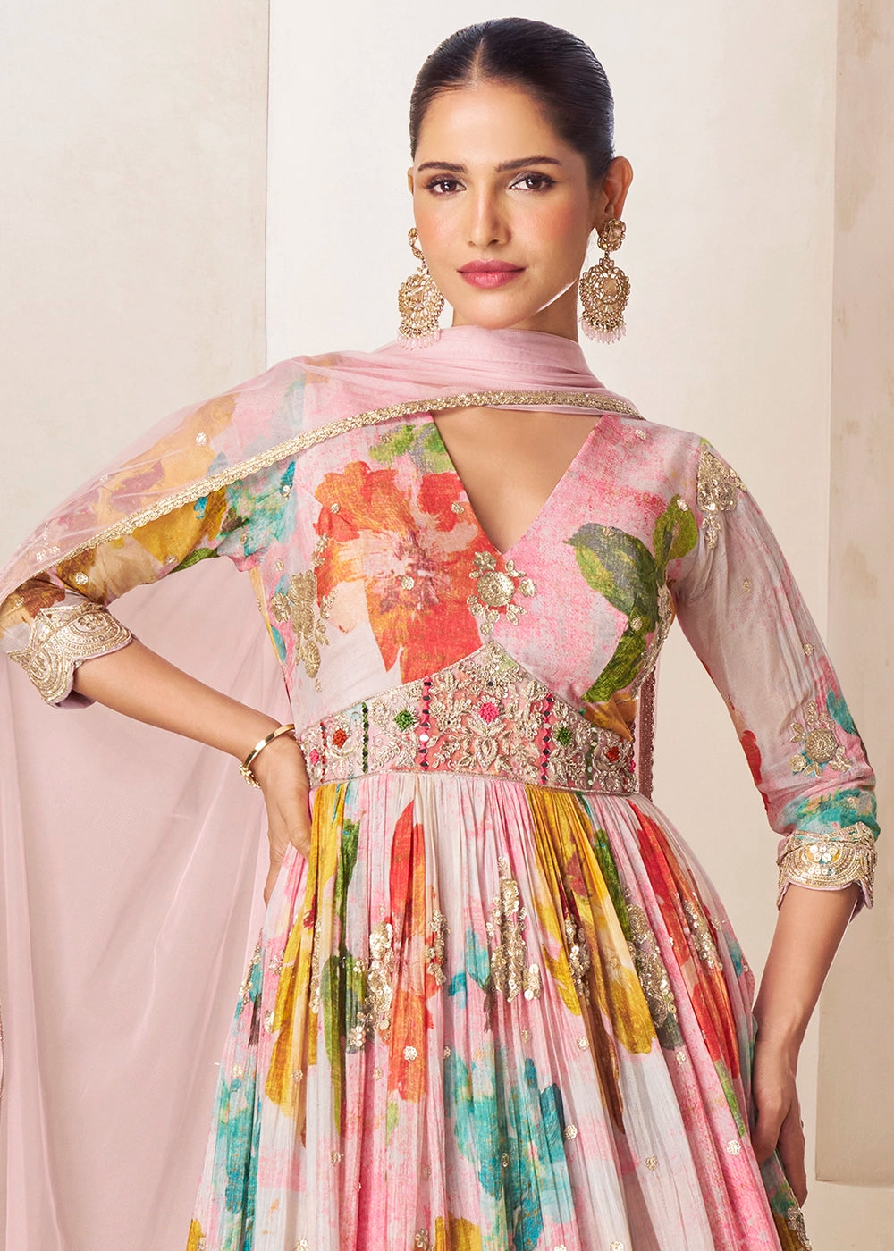 Baby Pink Chinon Silk Printed Anarkali Gown with Embroidered Detailing