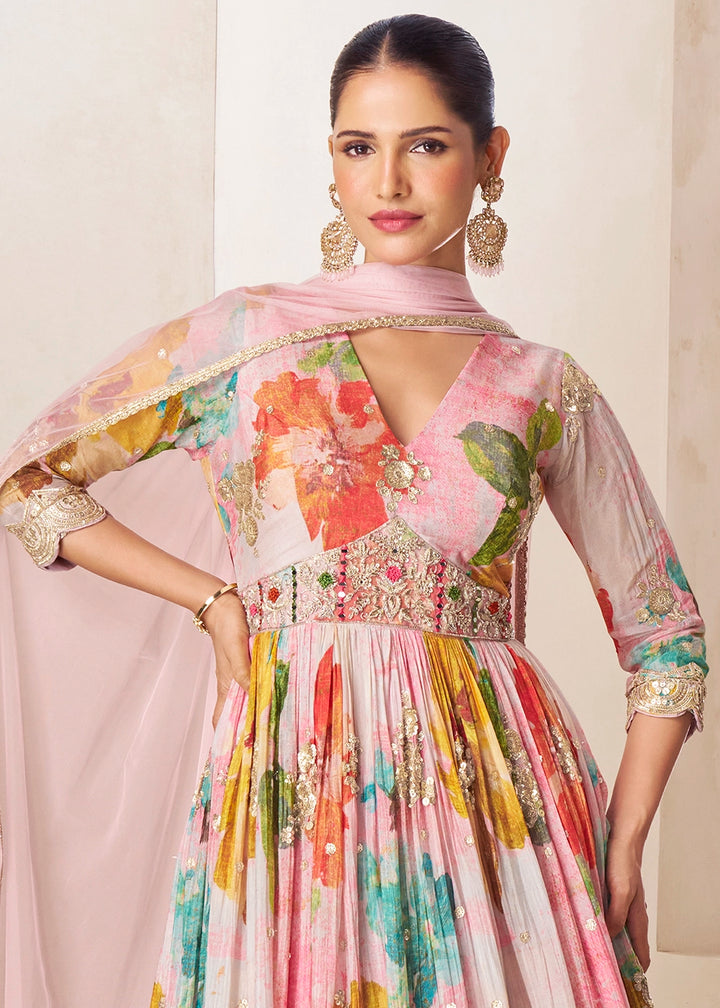 Baby Pink Chinon Silk Printed Anarkali Gown with Embroidered Detailing