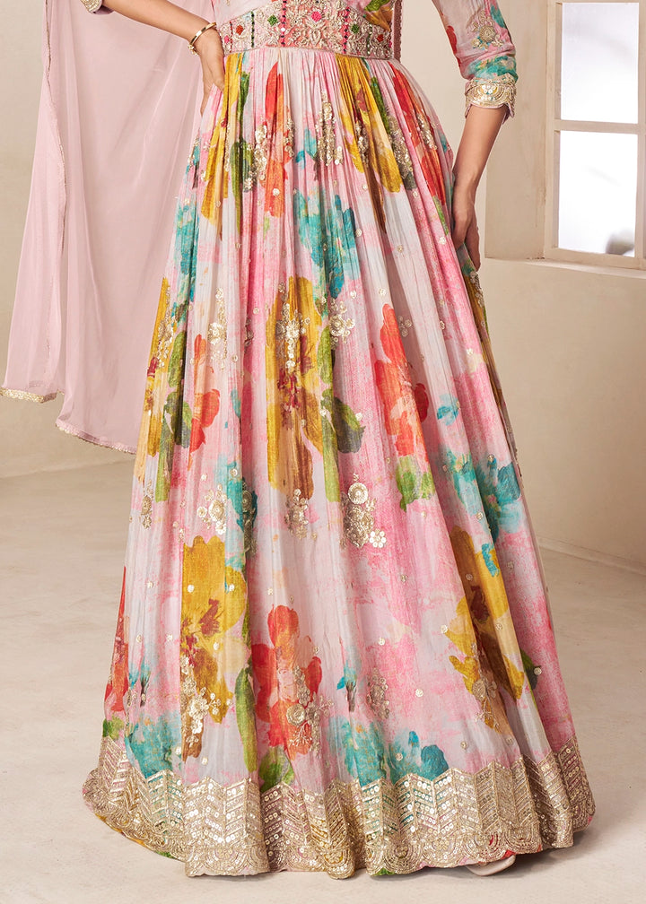 Baby Pink Chinon Silk Printed Anarkali Gown with Embroidered Detailing