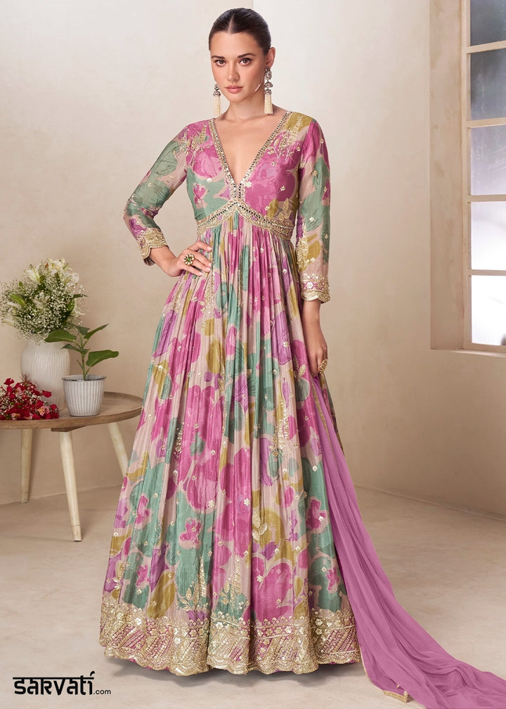 Shades Of Purple Chinon Silk Printed Anarkali Gown with Embroidered Detailing