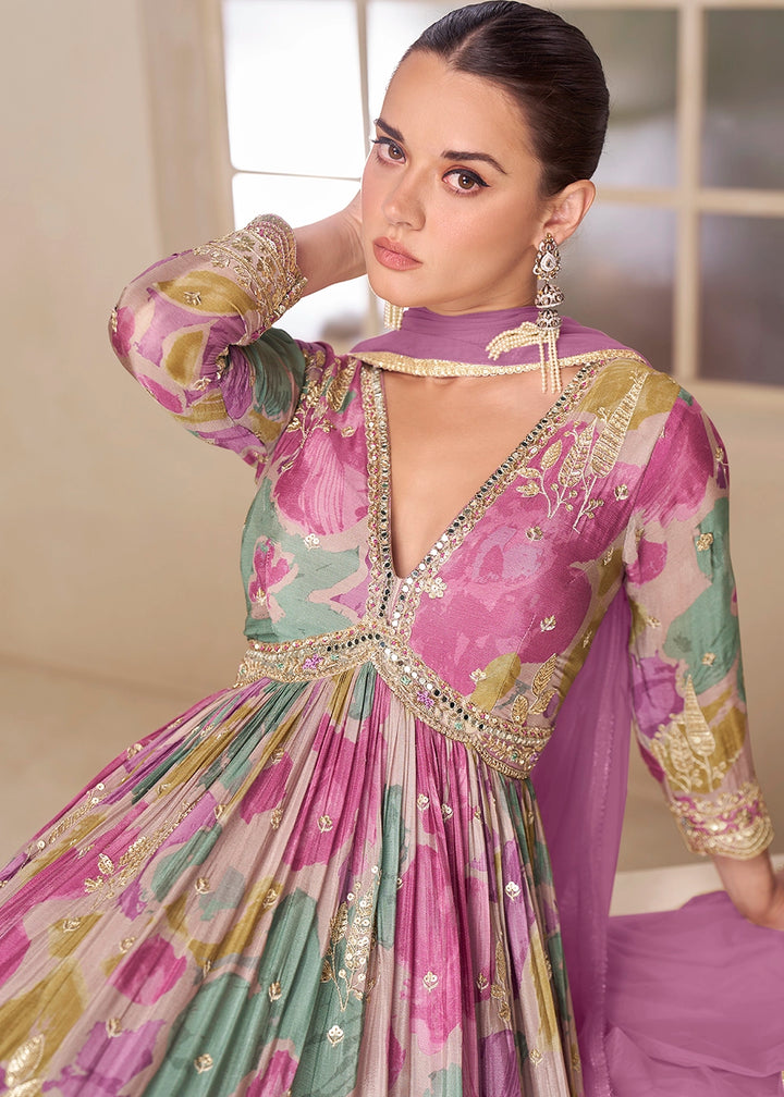 Shades Of Purple Chinon Silk Printed Anarkali Gown with Embroidered Detailing