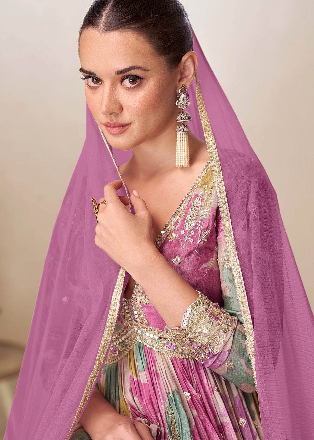 Shades Of Purple Chinon Silk Printed Anarkali Gown with Embroidered Detailing