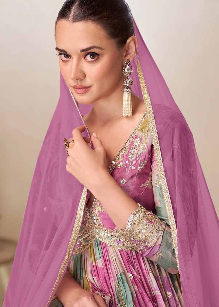 Shades Of Purple Chinon Silk Printed Anarkali Gown with Embroidered Detailing