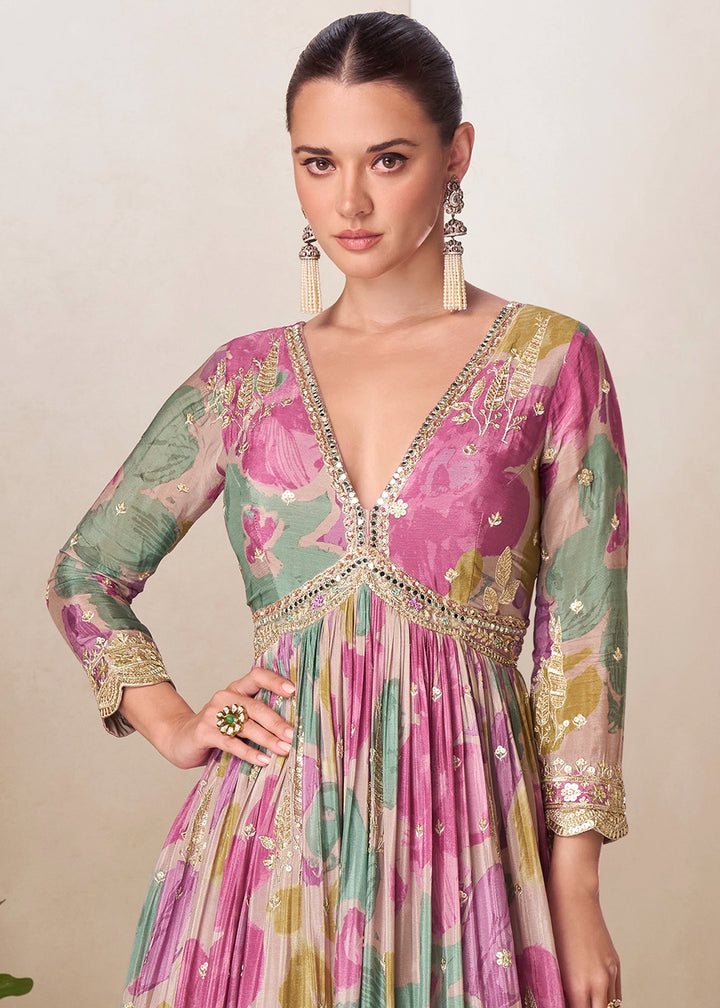 Shades Of Purple Chinon Silk Printed Anarkali Gown with Embroidered Detailing