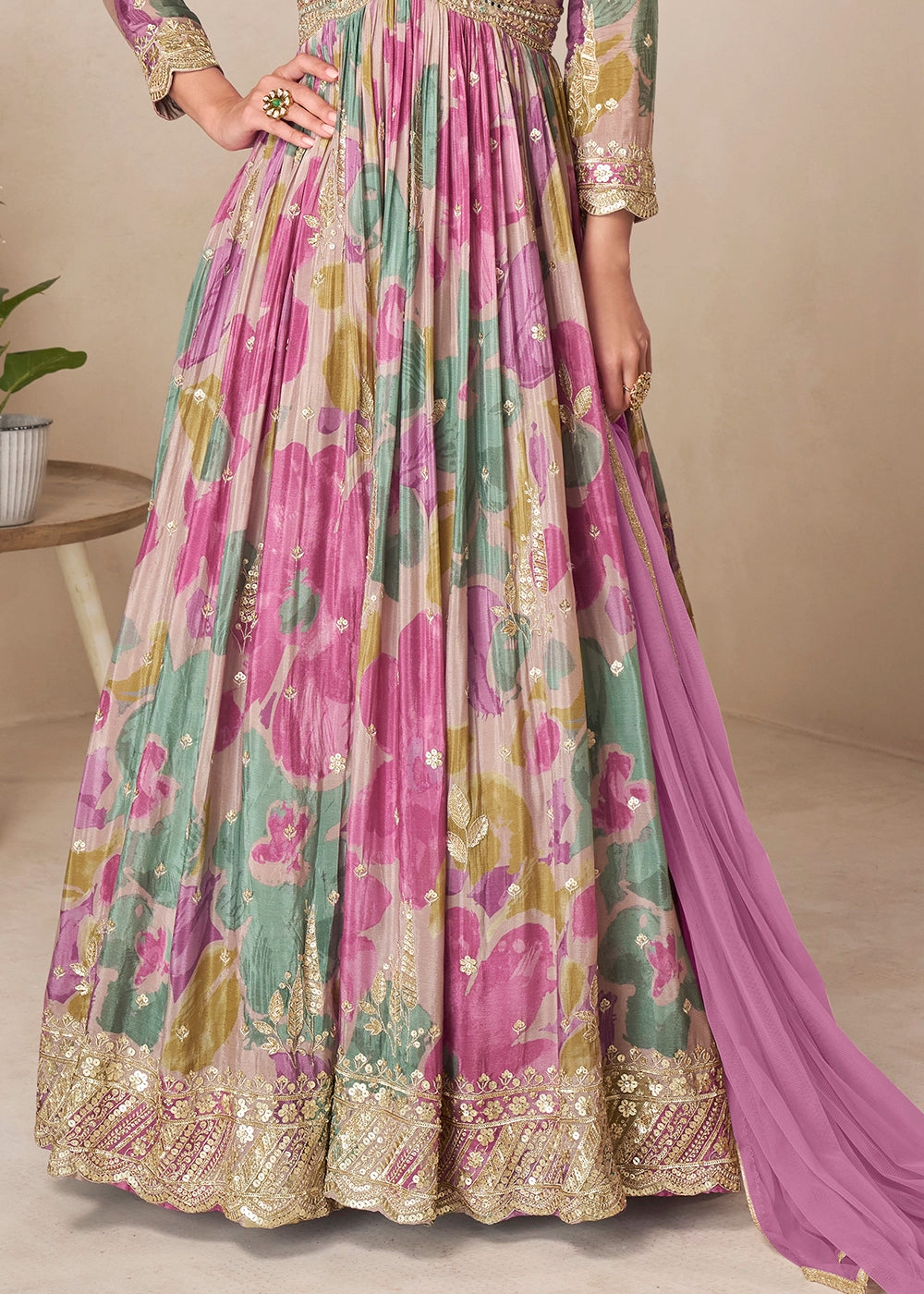 Shades Of Purple Chinon Silk Printed Anarkali Gown with Embroidered Detailing
