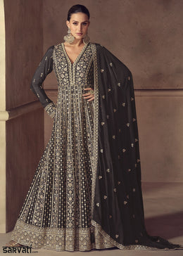 Jet Iron Anarkali Gown in Chinon Silk with Intricate Embroidery Work