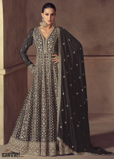 Jet Iron Anarkali Gown in Chinon Silk with Intricate Embroidery Work
