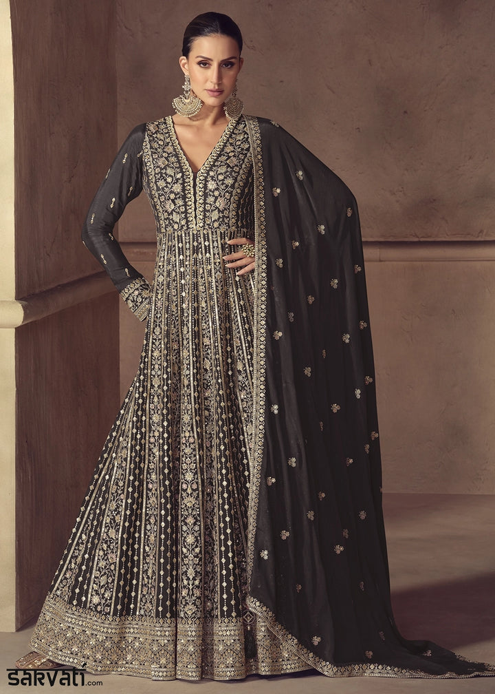 Jet Iron Anarkali Gown in Chinon Silk with Intricate Embroidery Work