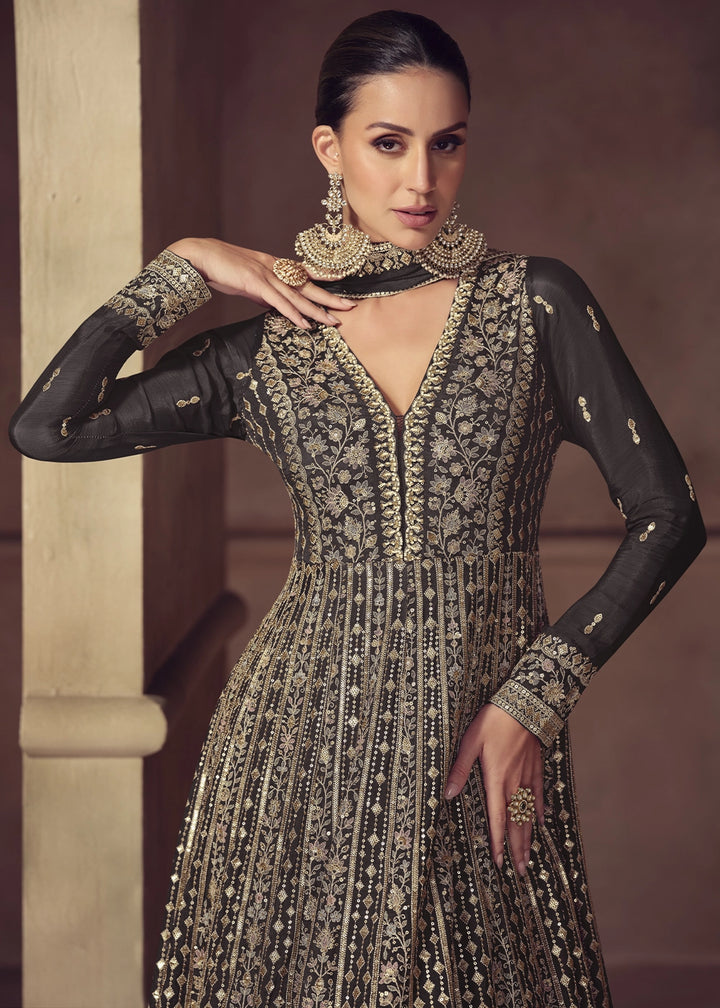 Jet Iron Anarkali Gown in Chinon Silk with Intricate Embroidery Work