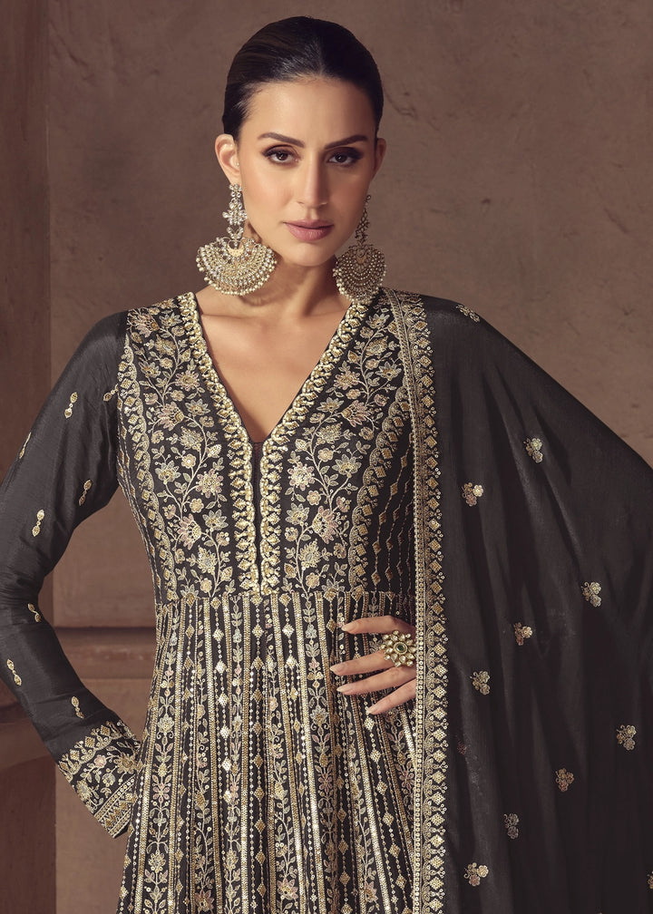 Jet Iron Anarkali Gown in Chinon Silk with Intricate Embroidery Work