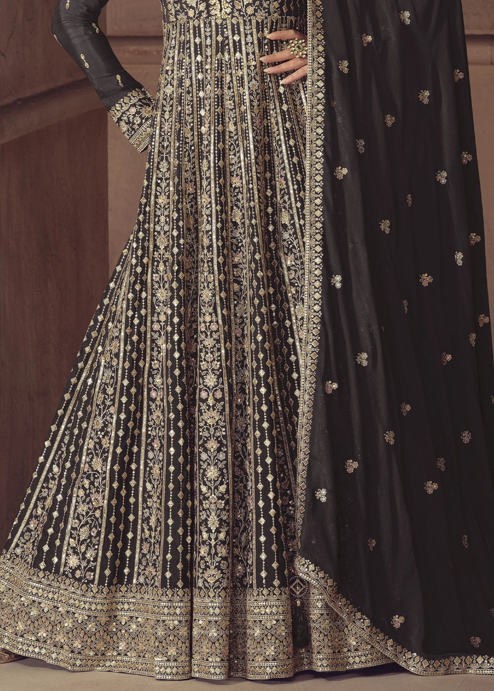 Jet Iron Anarkali Gown in Chinon Silk with Intricate Embroidery Work