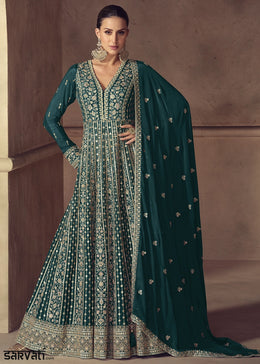 Teal Blue Anarkali Gown in Chinon Silk with Intricate Embroidery Work