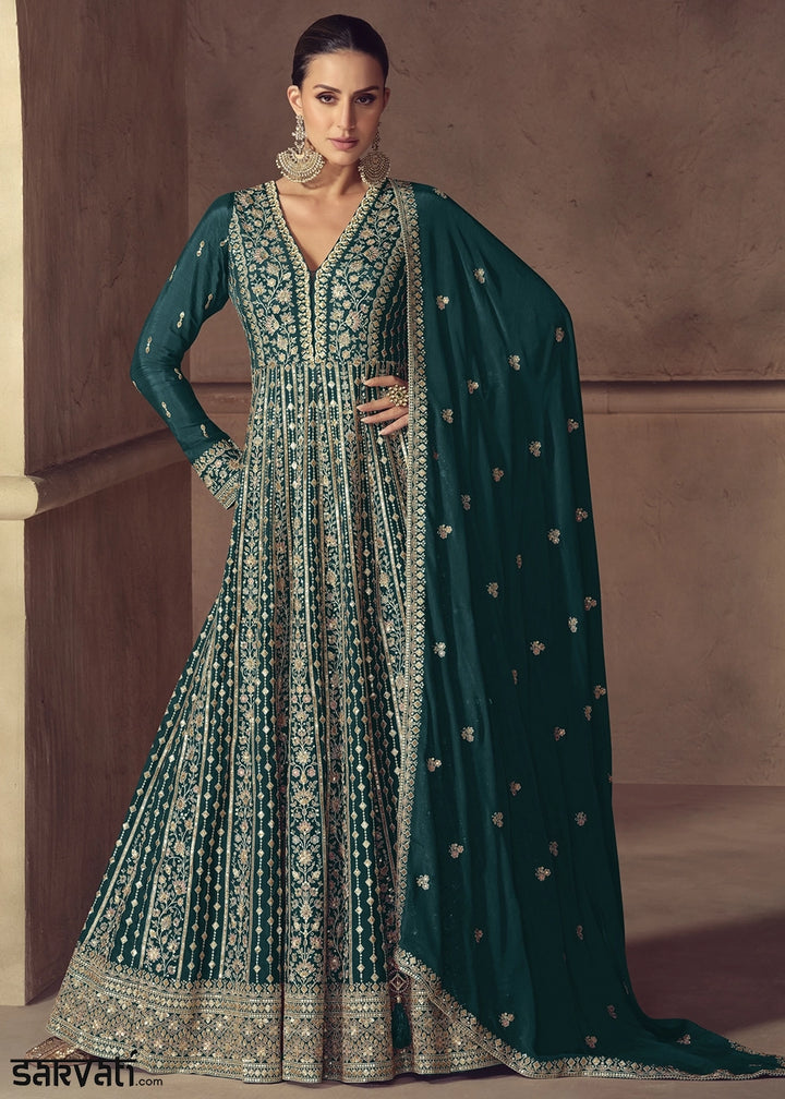 Teal Blue Anarkali Gown in Chinon Silk with Intricate Embroidery Work