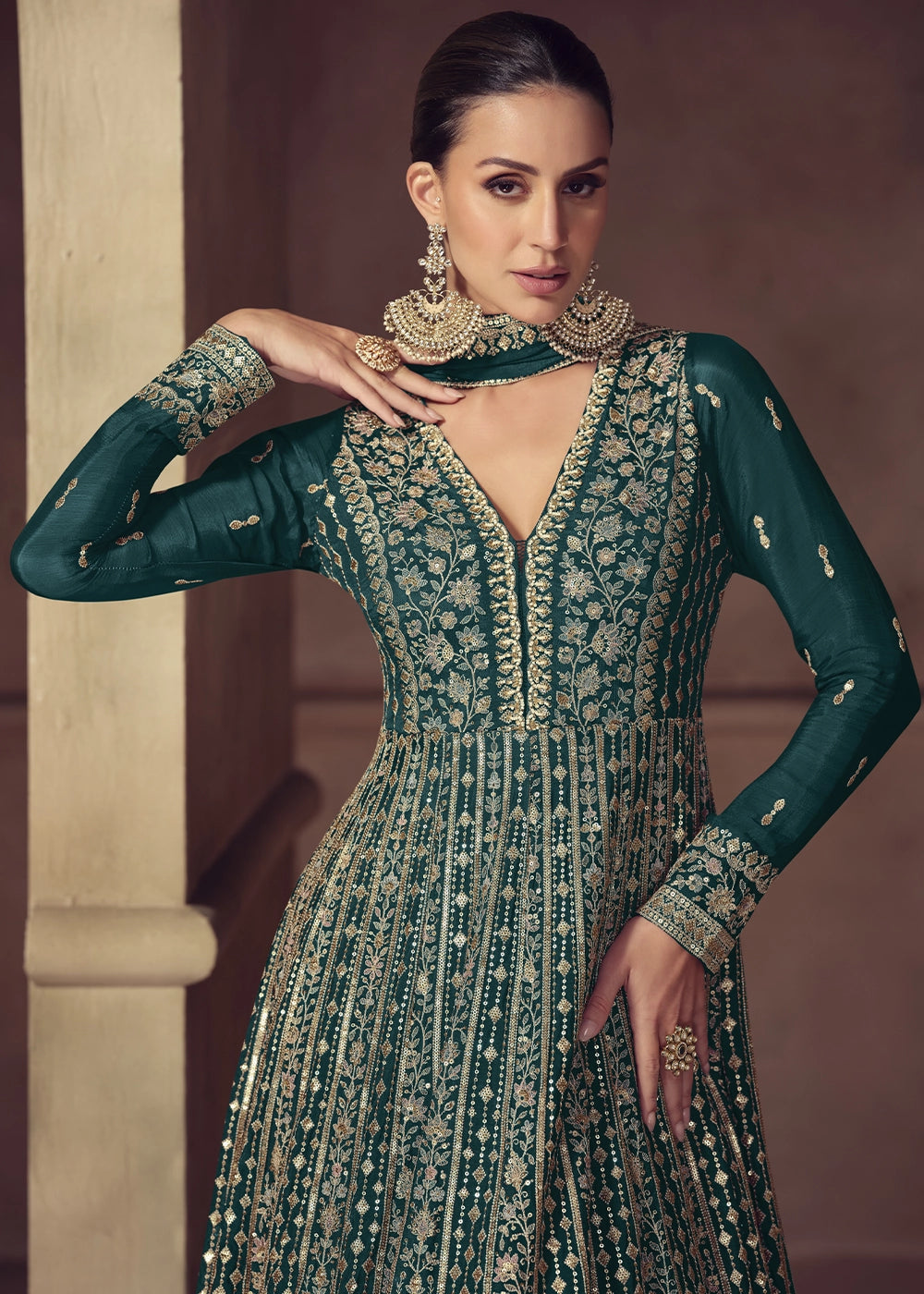 Teal Blue Anarkali Gown in Chinon Silk with Intricate Embroidery Work