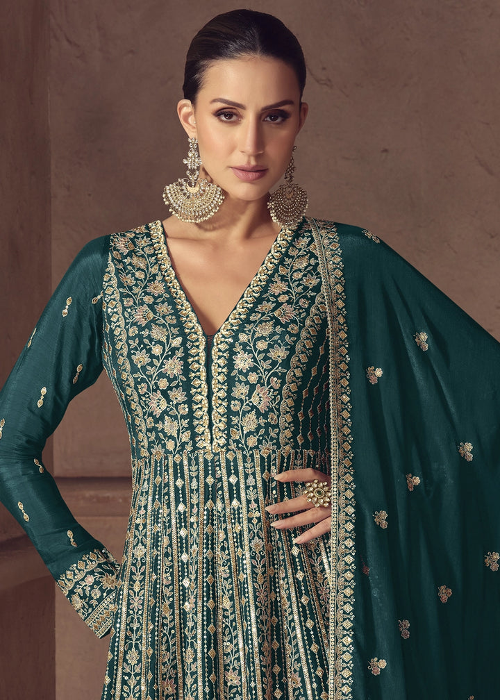 Teal Blue Anarkali Gown in Chinon Silk with Intricate Embroidery Work