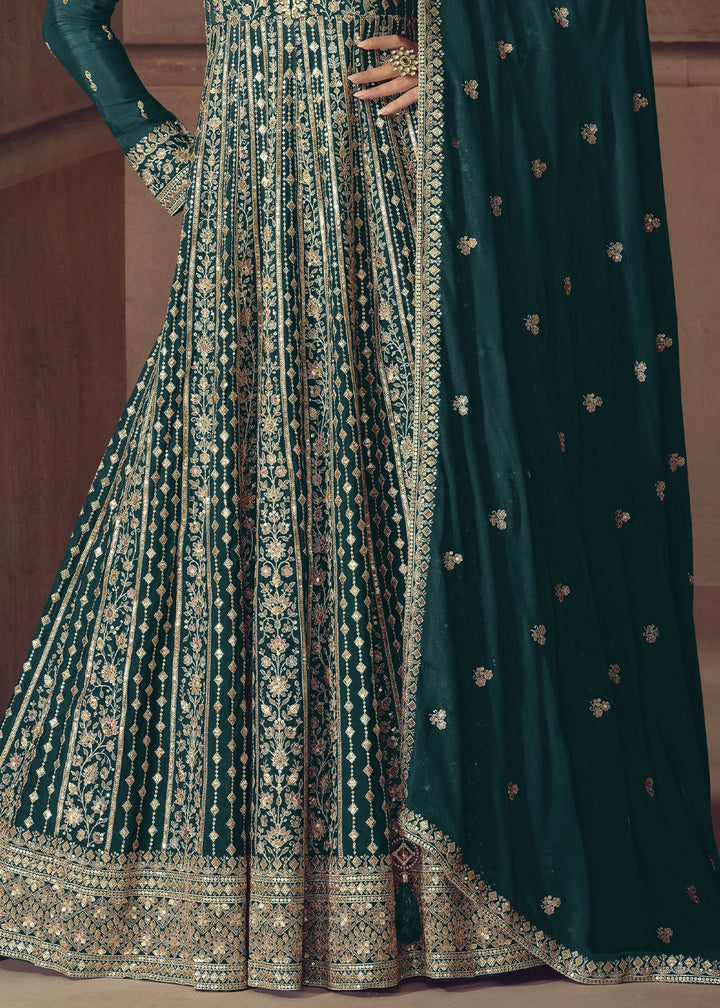 Teal Blue Anarkali Gown in Chinon Silk with Intricate Embroidery Work