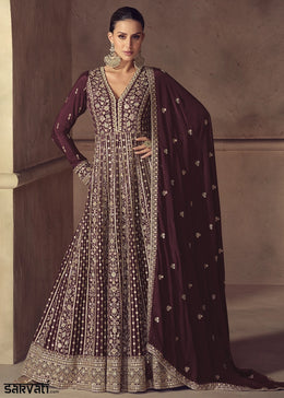 Sangria Purple Anarkali Gown in Chinon Silk with Intricate Embroidery Work