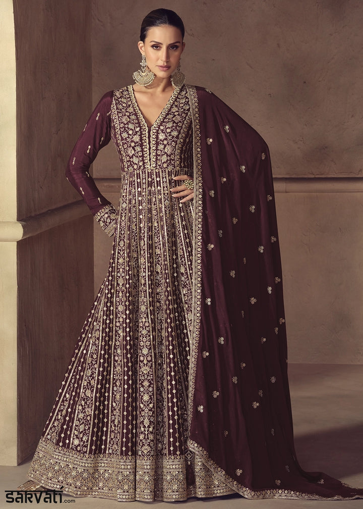 Sangria Purple Anarkali Gown in Chinon Silk with Intricate Embroidery Work