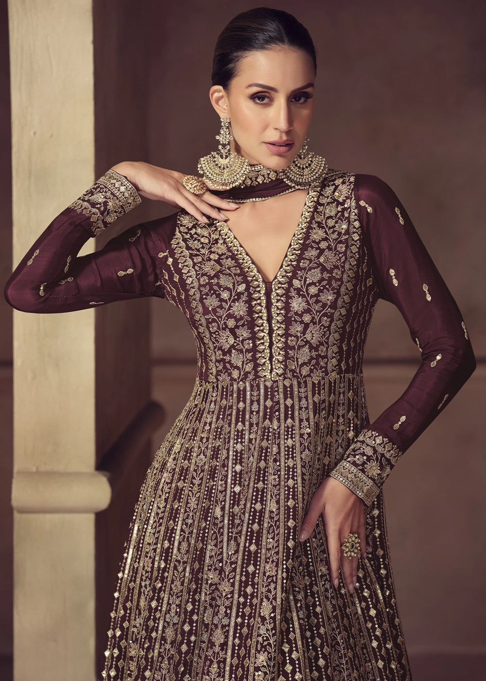 Sangria Purple Anarkali Gown in Chinon Silk with Intricate Embroidery Work
