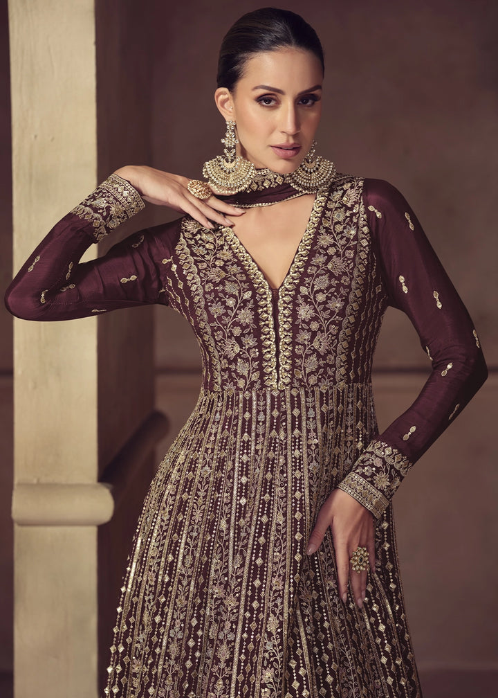 Sangria Purple Anarkali Gown in Chinon Silk with Intricate Embroidery Work