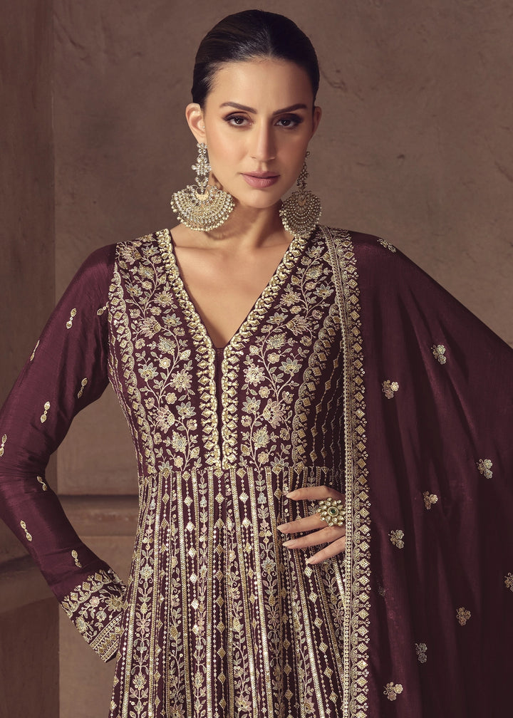 Sangria Purple Anarkali Gown in Chinon Silk with Intricate Embroidery Work
