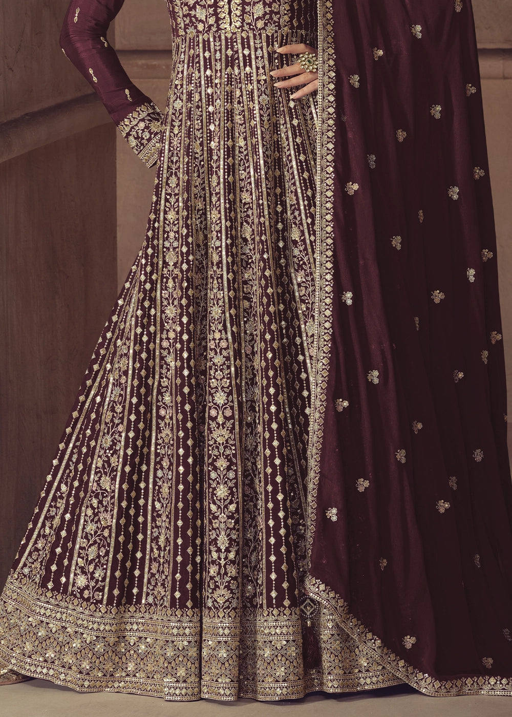 Sangria Purple Anarkali Gown in Chinon Silk with Intricate Embroidery Work