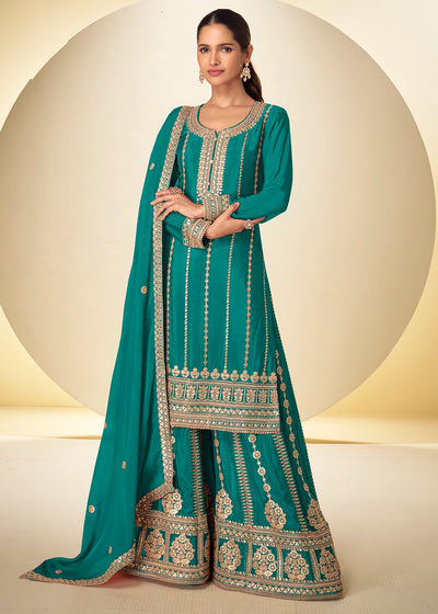 Teal Blue Chinon Silk Palazzo Suit with Delicate Embroidery work