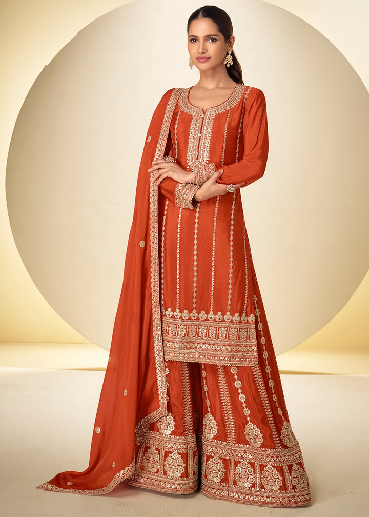 Yam Orange Chinon Silk Palazzo Suit with Delicate Embroidery work