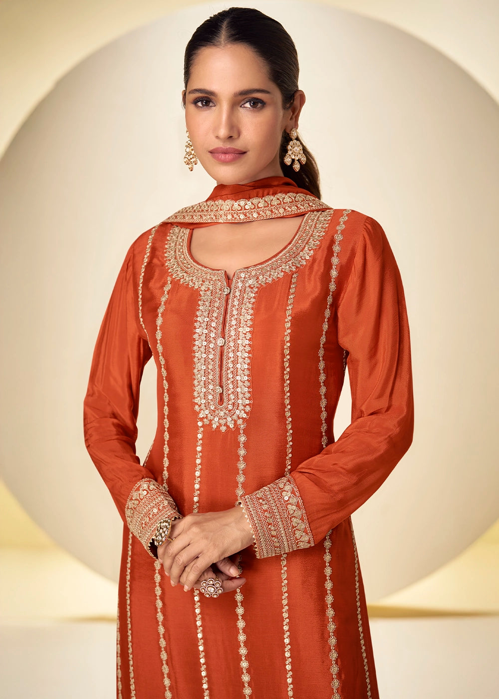 Yam Orange Chinon Silk Palazzo Suit with Delicate Embroidery work